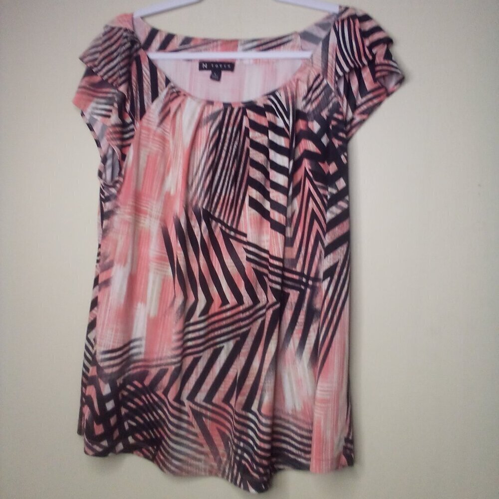 N Touch Blouse Shirt L Women Short Sleeve Soft Stretch Pattern Pink Black
